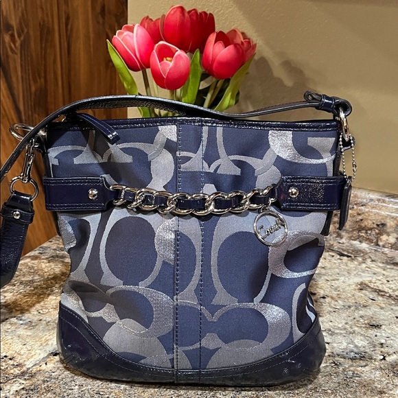Coach Handbags - Coach EUC Moto Optic C Signature Blue Metallic Jacquard Crossbody/Shoulder